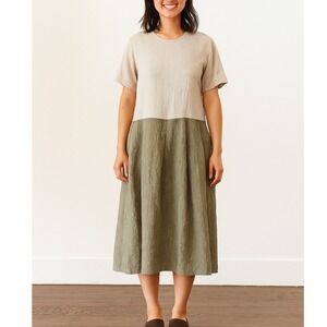 Flax Short Sleeve Pleat Dress Gingham Green Large‎